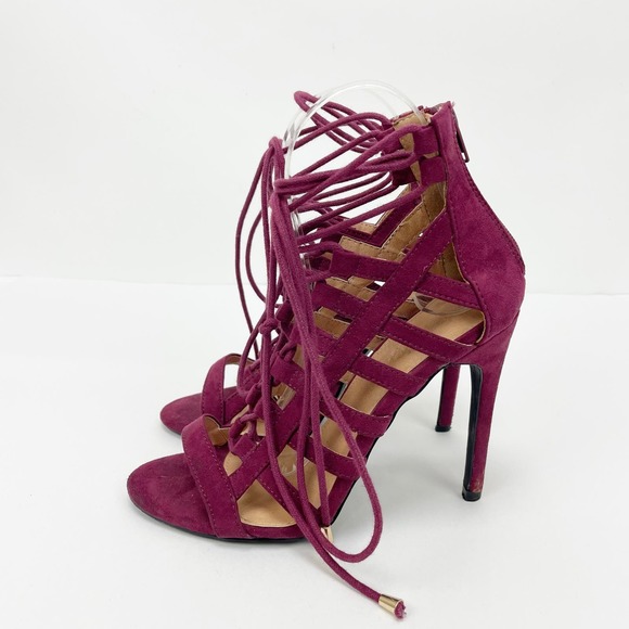 Charlotte Russe Lace Up Heels 6 Burgundy Suede Peep Toe Stiletto Strappy Sandals - Picture 4 of 11